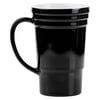 A black ceramic mug with a large handle and three horizontal ridges near the top, shown on a white background.