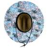 Wide-brimmed straw hat with black chin strap, covered in multicolored Ron Jon Surf Shop logos.
