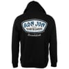 Back view of a black hoodie featuring a large Ron Jon Surfboards logo graphic with Pensacola Beach text at the bottom.