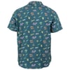 Back view of a short-sleeved shirt with a teal base, featuring colorful turtle, guitar, sun, wave, and star patterns.