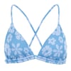 Light blue floral-patterned bikini top with thin crisscross straps and ruched band.