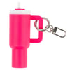 A hot pink water bottle keychain with a handle, attached key ring, and small drinking spout at the top.