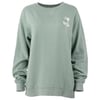 A green crewneck sweatshirt with long sleeves and a small white Ron Jon logo on the left chest, featuring a palm tree and crescent moon.