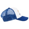 Blue and white mesh baseball cap with a cartoon seagull design on the front.