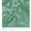 Green towel with illustrations of three sea turtles swimming underwater, ocean plants, and the Ron Jon Surf Shop logo; white fringe along the bottom edge.