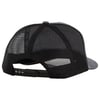 Back view of a black mesh trucker cap with an adjustable snapback closure and a gray front panel.