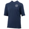 Navy blue short-sleeve rash guard with a round logo on the chest.