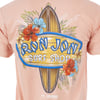 Back of a peach shirt with a large Ron Jon Surf Shop logo, a surfboard, tropical flowers, and Ft. Myers text printed below the design.
