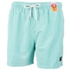 Light blue swim shorts with a white drawstring and a small colorful tag attached to the waistband.