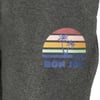 Close-up of a gray garment featuring a RON JON logo with a sunset and palm trees design.