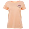 Peach-colored T-shirt with a small printed design on the chest, featuring flowers and text.