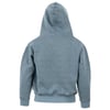 Rear view of a person wearing a blue-gray hoodie, with the hood up, obscuring their head and face.