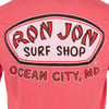 A watermelon colored shirt featuring the Ron Jon Surf Shop logo with Ocean City, MD printed below on the back.