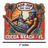 Illustration of a relaxed orangutan in a hammock with a drink, wearing sunglasses and a bucket hat, under palm trees. Text: Ron Jon Surf Shop, Cocoa Beach, FL. Measures 2 inches.