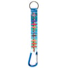 A keychain with a blue carabiner and a fabric strap listing popular Ron Jon destinations in colorful text.