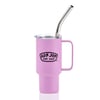 Pink travel mug with handle, clear lid, and bent metal straw. Features a Ron Jon Surf Shop logo on the front.