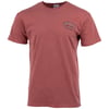 A plain, short-sleeve, faded red T-shirt with a small “Ron Jon Surf Shop Cocoa Beach” logo on the left chest.