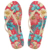 Pair of flip-flops with colorful floral pattern including red, turquoise, and yellow flowers.