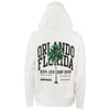 A white hoodie with a large graphic on the back featuring a palm tree and the text Orlando Florida Ron Jon Surf Shop along with additional smaller text.