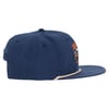 Side view of a dark blue baseball cap with embroidered pattern on the front and a decorative rope detail above the brim.