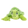 A green plush turtle toy with a slightly droopy expression, lying with its front flippers extended.