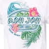 White t-shirt with a Ron Jon Surf Shop Cocoa Beach logo, featuring a wave, pink hibiscus flowers, and green tropical leaves in colorful, outlined graphics.