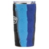 A blue and black insulated tumbler with a turtle pattern and a plastic lid, partially showing a logo on one side.