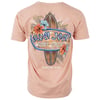 Back of a peach-colored T-shirt featuring a surfboard, flowers, and Ron Jon Surf Shop with Pensacola Beach text underneath.