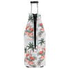 A glass bottle wrapped in a zippered, insulated sleeve with a tropical flamingo and palm tree pattern.