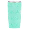 A light turquoise tumbler with a stainless steel rim, decorated with a repeating pattern of embossed sea turtles and a partial logo on the upper right side.