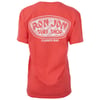 A red t-shirt with Ron Jon Surf Shop Clearwater Beach printed in white on the back.