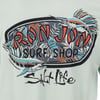 A graphic logo reads “Ron Jon Surf Shop” with two marlin fish and foliage, and “Salt Life” written beneath in a stylized font on a light-colored background.