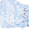 Close-up of a blue and white floral bikini top with lace-up detailing and gold eyelets on the side.