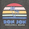 Graphic of two palm trees in front of a striped sunset with text Ron Jon Pensacola Beach on a gray background.