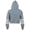 A gray cropped hoodie with a hood and multicolored horizontal stripes on the sleeves, shown from the back.