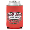 A silver can in a red coozie with ‚ÄúRon Jon Surf Shop, One of a Kind, Cocoa Beach, Fla.‚Äù printed in white and black letters on the front.
