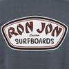 Logo of Ron Jon Surfboards on a dark background with red and black text inside a white, oval shape.