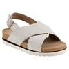Beige sandal with crisscross straps, adjustable ankle buckle, and cork insole. White, ridged sole.