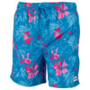 Blue swim shorts with a pink hibiscus flower pattern and a drawstring waistband.