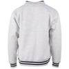 A light gray long-sleeve sweatshirt with black and white striped cuffs, waistband, and collar, shown from the back.