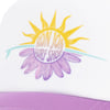 Close-up of a hat featuring a sun and purple flower design with text reading Ron Jon Surf Shop. The hats main color is white with a purple brim.