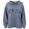 Blue Ron Jon sweatshirt with a half-zip collar and elastic cuffs, featuring large white and navy embroidered letters on the front.