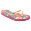 A single flip-flop with tan straps and a colorful floral pattern on the sole, featuring vibrant red, blue, and yellow flowers.