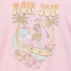 A skeleton in a grass skirt surfs a wave with palm trees, flowers, and clouds in the background. RON JON is written above in large letters. The design is on a pink background.