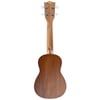 The back view of a wooden ukulele with a smooth brown finish and four tuning pegs visible at the top of the neck.