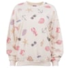 Beige  sweatshirt featuring a pattern of anchors, sunglasses, crabs, heart shells, sailboats, starfish, and seashells in soft, pastel colors.