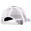 A white mesh baseball cap with a blue brim, viewed from the back. The cap features a snapback closure and a small tag on the side.