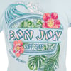 Light blue t-shirt featuring a Ron Jon Surf Shop, Cocoa Beach logo with a wave, tropical leaves, and pink hibiscus flowers.