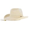 A light-colored woven straw cowboy hat with a wide brim, a chin strap with a wooden bead, and a small metal label on the side.