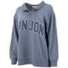 Blue zip-up sweatshirt with white and blue lettering across the chest.